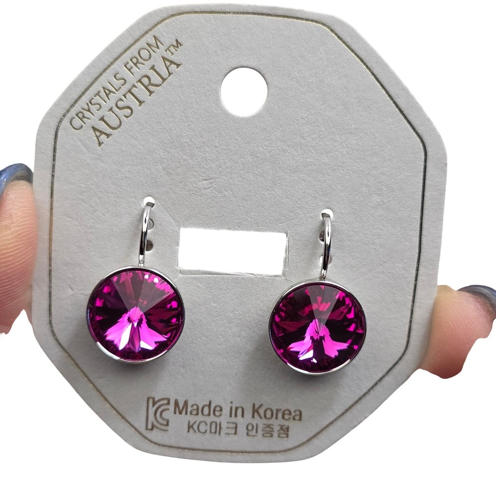 NWT FuchsiaPink Swarovski Elements 13mm Leverback Earrings PlatinumPlatedㅊ Shiny
